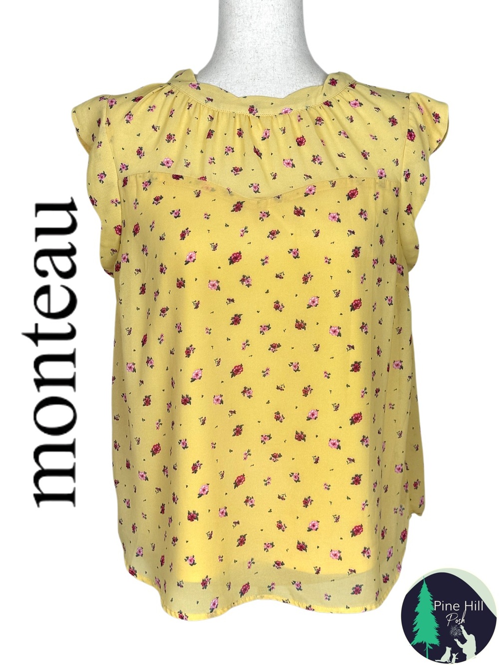 Monteau Yellow Floral Chiffon Flutter Sleeve Boho Blouse Womens Medium